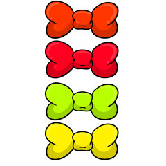Bow. Clothing decoration and women hair accessories. Set of red and pink, yellow and green objects. Cartoon illustration