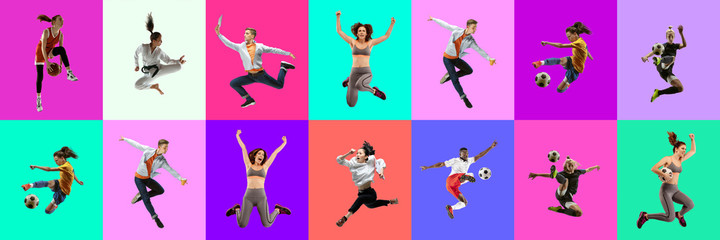 Collage of portraits of 8 young jumping people on multicolored background in motion and action. Concept of human emotions, facial expression, sales. Smiling, cheerful, happy. Basketball, ballet