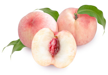 Fresh White Peach on White Background, Peach fruit with leaf isolated on white background, (With clipping path)