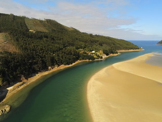 Aerial view in O Barqueiro, beautiful coastal village in Galicia,Spain. Drone Photo