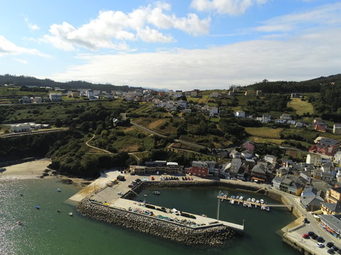Aerial view in O Barqueiro, beautiful coastal village in Galicia,Spain. Drone Photo