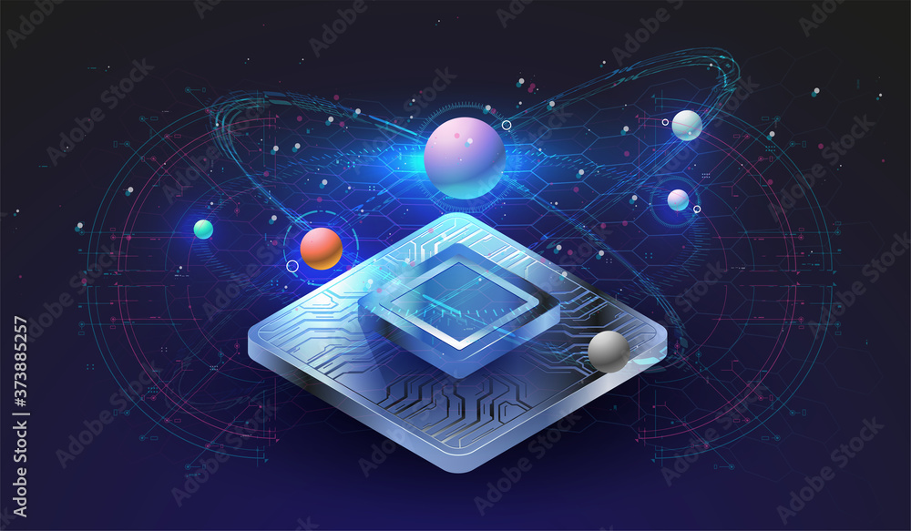 Poster microchip processor with lights effects. cybernetic system, futuristic computing technology. analysi