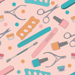 Vector seamless pattern manicure and pedicure. Nail care items - scissors, file, tweezers, nail polish. For paper, textiles, blogging
