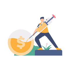 the concept of financial strengthening, injection of funds, investment or capital. illustration of a man injecting coins. flat design. can be used for elements, landing pages, UI, websites.