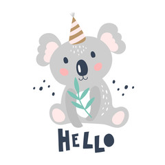Card with cute koala on a white background. Kids print. Vector