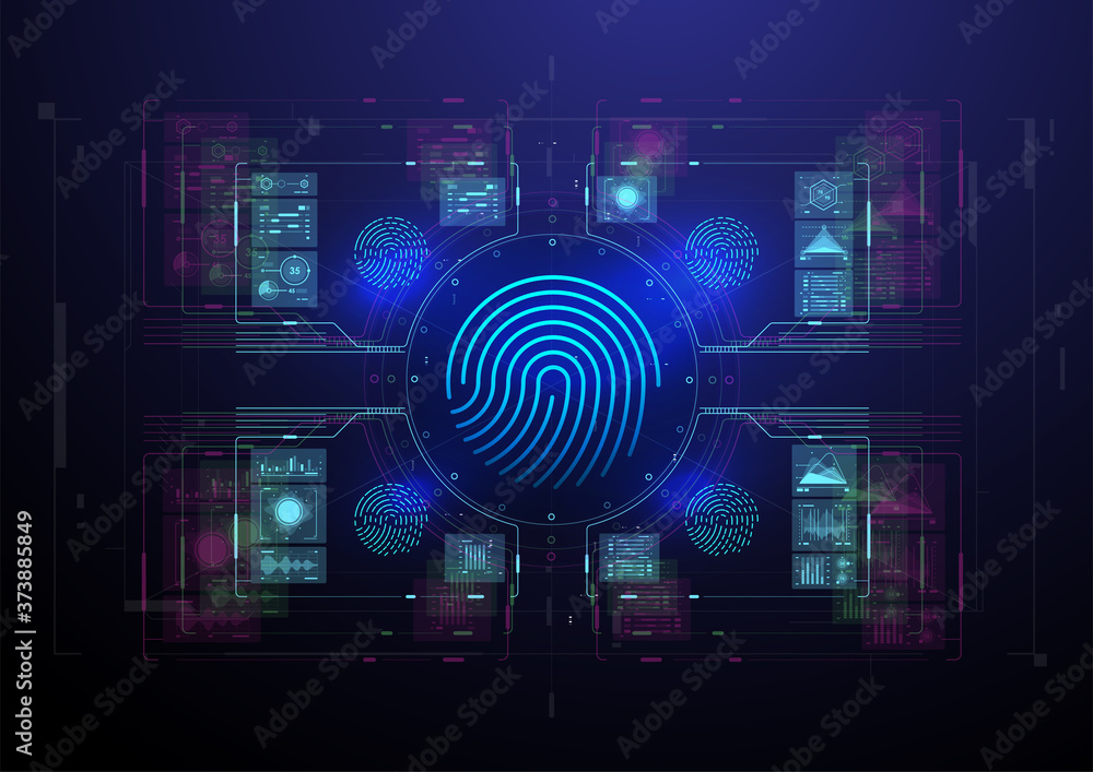 Poster biometric identification or recognition system of person. fingerprint scanning. abstract virtual fin