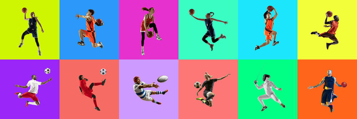 Fototapeta na wymiar Collage of portraits of 10 young jumping people on multicolored background in motion and action. Concept of human emotions, facial expression, sales. Smiling, cheerful, happy. Basketball, ballet