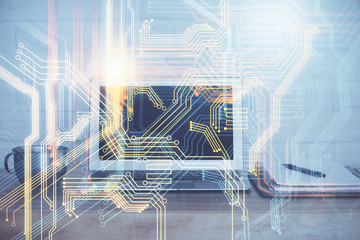 Multi exposure of table with computer and world map hologram. International data network concept.