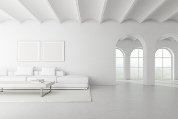 3d render of white room with arch door and sofa on nature background. blank picture frame on concrete wall.