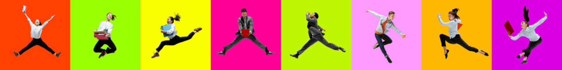 Collage of portraits of 4 young jumping people on multicolored background in motion and action....