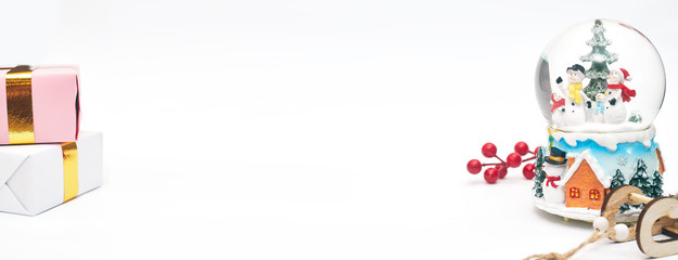 Banner, Christmas composition, gifts on white background, copy space