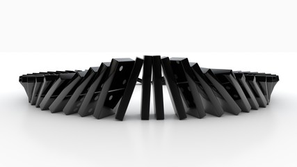 3D rendering of black Domino checkers standing in a circle on a white background isolated. Some of the pieces fell and caused the rest to fall. One remained standing. The idea of reliability.