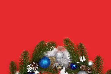 christmas wreath on a red background, flatley, copyspace