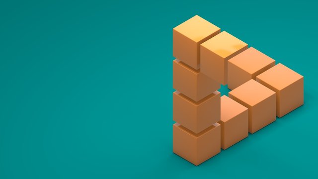 3D rendering of an impossible triangle of their cubes. A puzzle isolated on a uniform background. Space on the left for ads, text, and other compositions.
