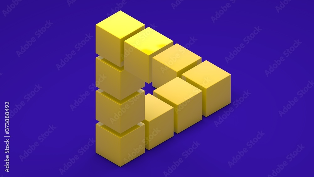 Poster 3d rendering of an impossible triangle of their yellow cubes. a puzzle isolated on a uniform blue ba