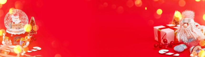 Banner, Christmas composition, gifts on red background, copy space