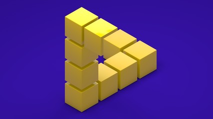 3D rendering of an impossible triangle of their yellow cubes. A puzzle isolated on a uniform blue background. An idea, an illustration of solving unsolvable problems.