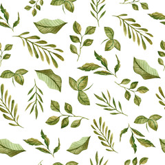 Watercolor seamless pattern with branches and leaves. Watercolor design for dresses, clothing, Wallpaper, fabrics, children's room. Seamless pattern with herbs and leaves.