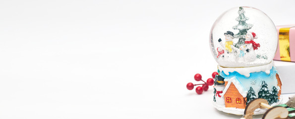 Banner, Christmas composition, gifts on white background, copy space