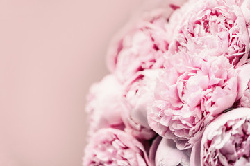 Wedding, birthday, anniversary bouquet. Pink peony flower on pastel background. Copy space. Trendy pastel floral composition. Woman day, Mother's day. Macro of peonies flowers