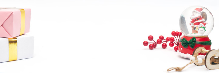 Banner, Christmas composition, gifts on white background, copy space