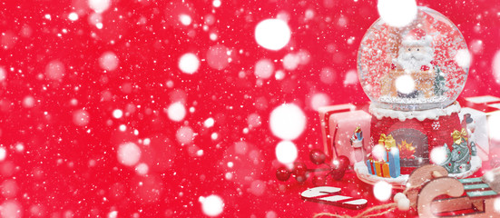 Banner, Christmas composition, gifts on red background, copy space