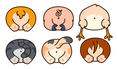 Cute animal butt set. Vector illustration of adorable cartoon animals back with pig, corgi, chicken and kittens.