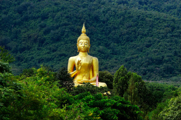 statue of buddha with golden color , in buddhist temple ,in the forest