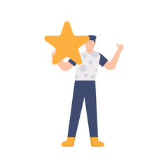 concept of review, feeback, rate. illustration of a man holding a star. flat design. can be used for elements, landing pages, UI, websites.
