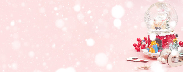 Banner, Christmas composition, gifts on pastel pink background, copy space