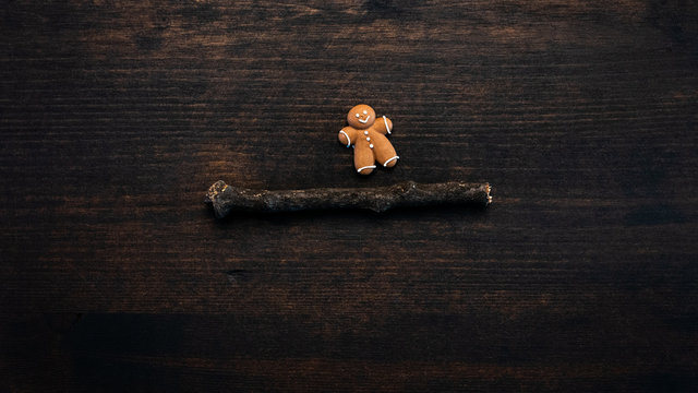 Gingerbread man cookie flat lay top view