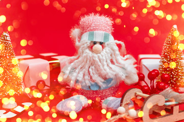 Christmas composition, gifts on red background, copy space