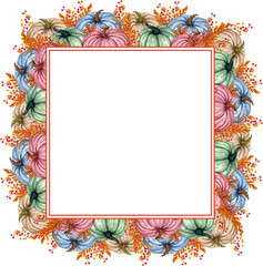 Watercolor frame with autumn pumpkins. Floral arrangement with color pumpkins and dried twigs. Harvest Wreath.