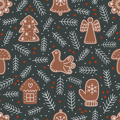Seamless pattern with Christmas gingerbread cookies and Christmas tree branch. Christmas tree, angel, house, mitten, mushroom, bird, bell.