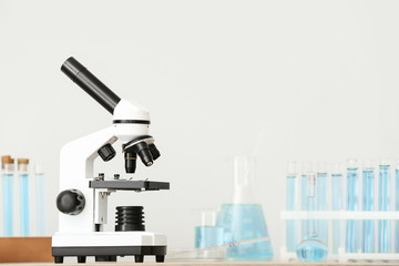 Microscope and glassware on table in laboratory