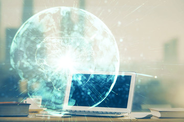 Multi exposure of business theme icons and table with computer background. Concept of success.