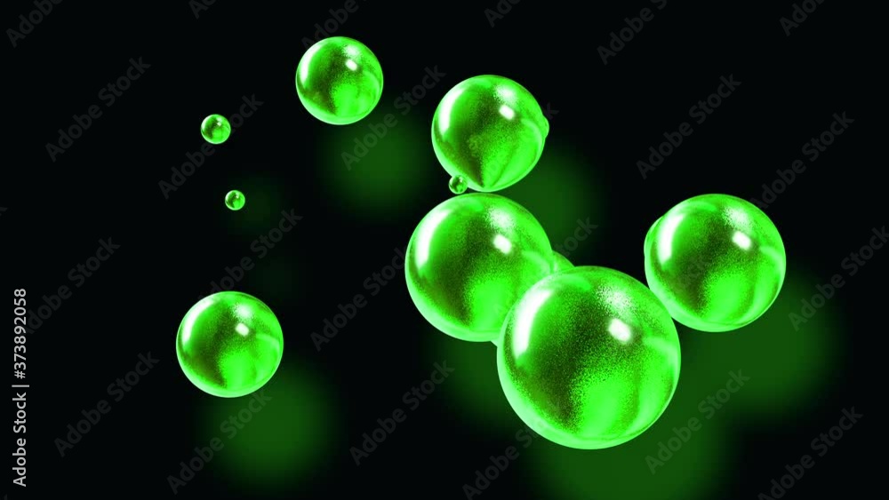 Poster amasing abstract background of metaballs as if glass drops or spheres filled with green sparkles mer