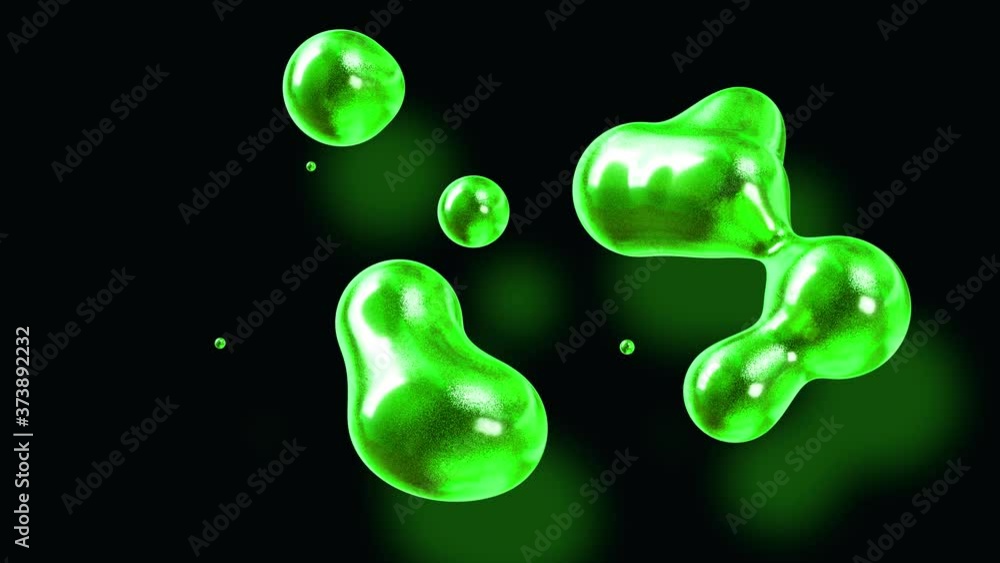 Poster amasing abstract background of metaballs as if glass drops or spheres filled with green sparkles mer