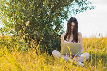 Young nice woman working on a laptop in yellow field. Working in nature concept.