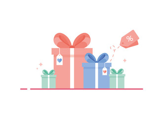 Colored gift boxes with ribbon and bow. Collection for Birthday, Christmas, xmas, New Year. Presents with a postcard. Discount goods. Pink, blue and green. Eps 10