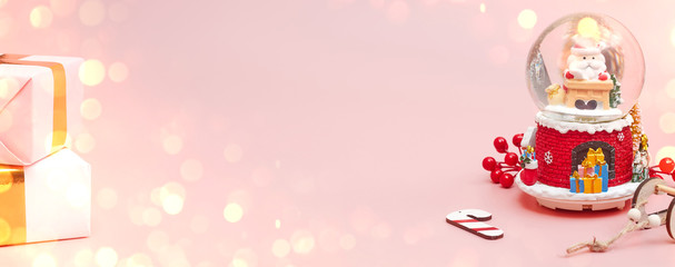 Banner, Christmas composition, gifts on pastel pink background, copy space