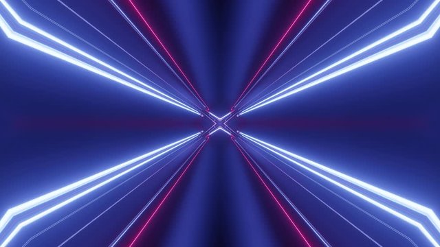 Sci-fi tunnel transformer with neon lights. 4k looped abstract high-tech tunnel. Camera flies through tunnel. Background in the style of cyberpunk or high-tech future. Blue purple