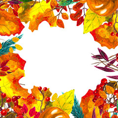 Naklejka na ściany i meble Autumn leaves border. Watercolor hand drawn frame