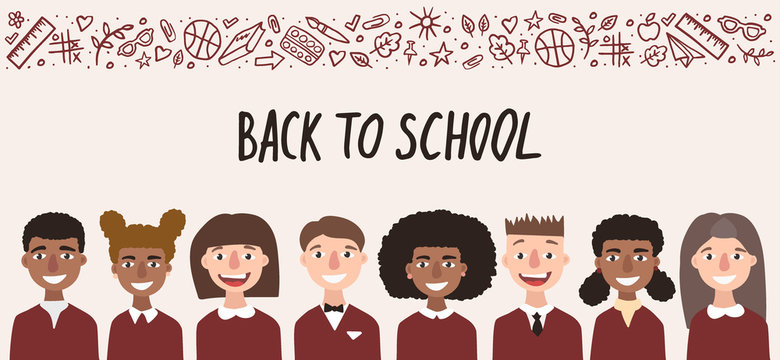 Back to school template. multinational group of smiling children isolated. Kids dressed in uniform standing together on horizontal banner. Society kid. Flat stock vector illustration. group of pupil.