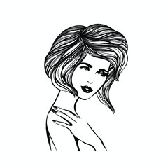 Woman with elegant makeup, hairstyle and manicure.Fashion, nails art, beauty and hair salon illustration.Young lady portrait.Cute face isolated on light background.Lipstick and nail polish.