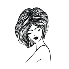 Woman with elegant hairstyle and makeup.Fashion, style, beauty and hair salon illustration.Young lady portrait.Cute smiling girl face isolated on light background.