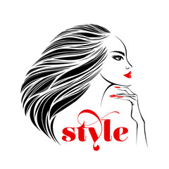 Woman with elegant makeup, hairstyle and manicure.Style, nails art, beauty and hair salon illustration.Young lady portrait.Cute face isolated on light background.Red lipstick and nail polish.