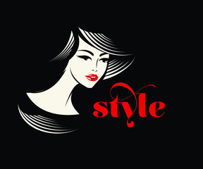 Woman with elegant makeup and hat.Fashion, style and beauty salon illustration.Young lady portrait.Cute face isolated on dark background.Red lipstick.