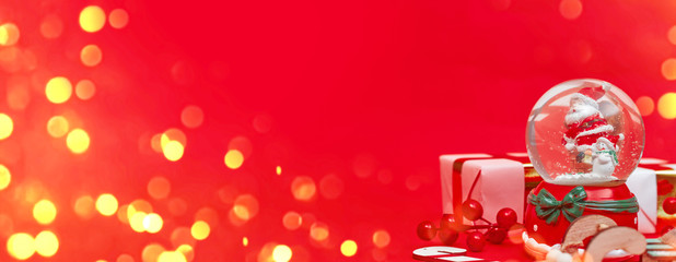 Banner, Christmas composition, gifts on red background, copy space
