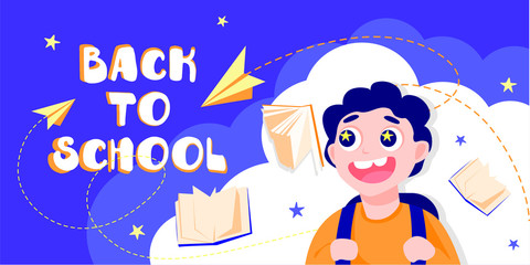 Back to school. Happy child. First day of school. Knowledge is power. Boy is enthusiastically preparing for the lesson. Concept banner with copy space. Student with backpacks. Vector illustration 